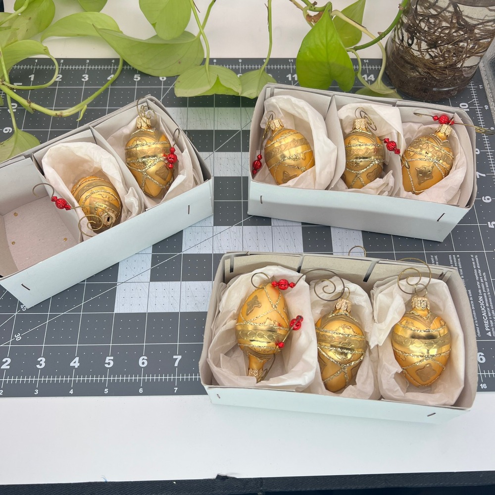 8 Poland Hand Blown Glass Faberge egg Christmas Ornaments Gold Glitter